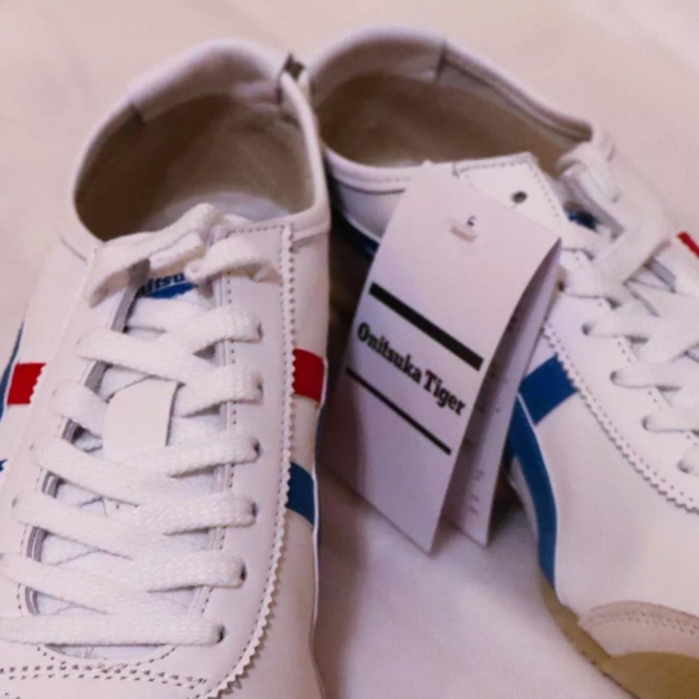 Onitsuka Tiger by Asics White Sneakers with Red and Blue Stripes